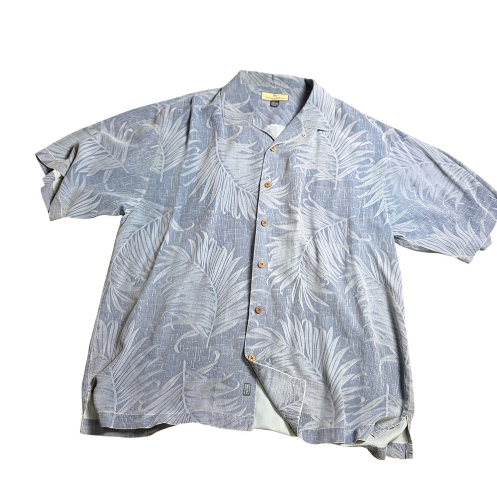 Tommy Bahama Silk Camp Shirt Mens L Blue Tropical Palm Frond Excellent Resort